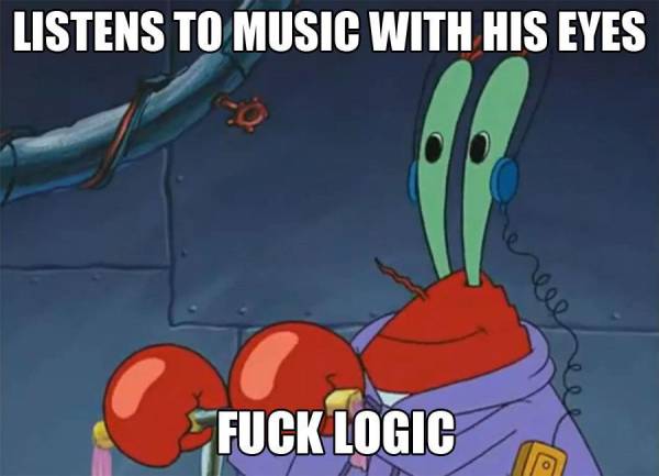 Mr Krabs luistert muziek met z'n ogen